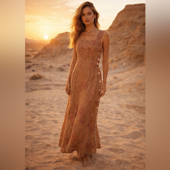 Vintage Dresses & Skirts - Custom OOAK Ice-Dyed Vintage Linen Midi Dress Small Boho Festival